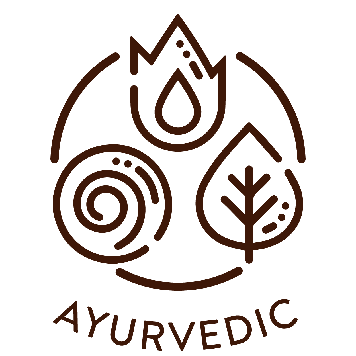 100% Ayurvedic products icon by Art of Vedas - natural herbal ingredients symbol with leaf, oil drop, and spiral motifs