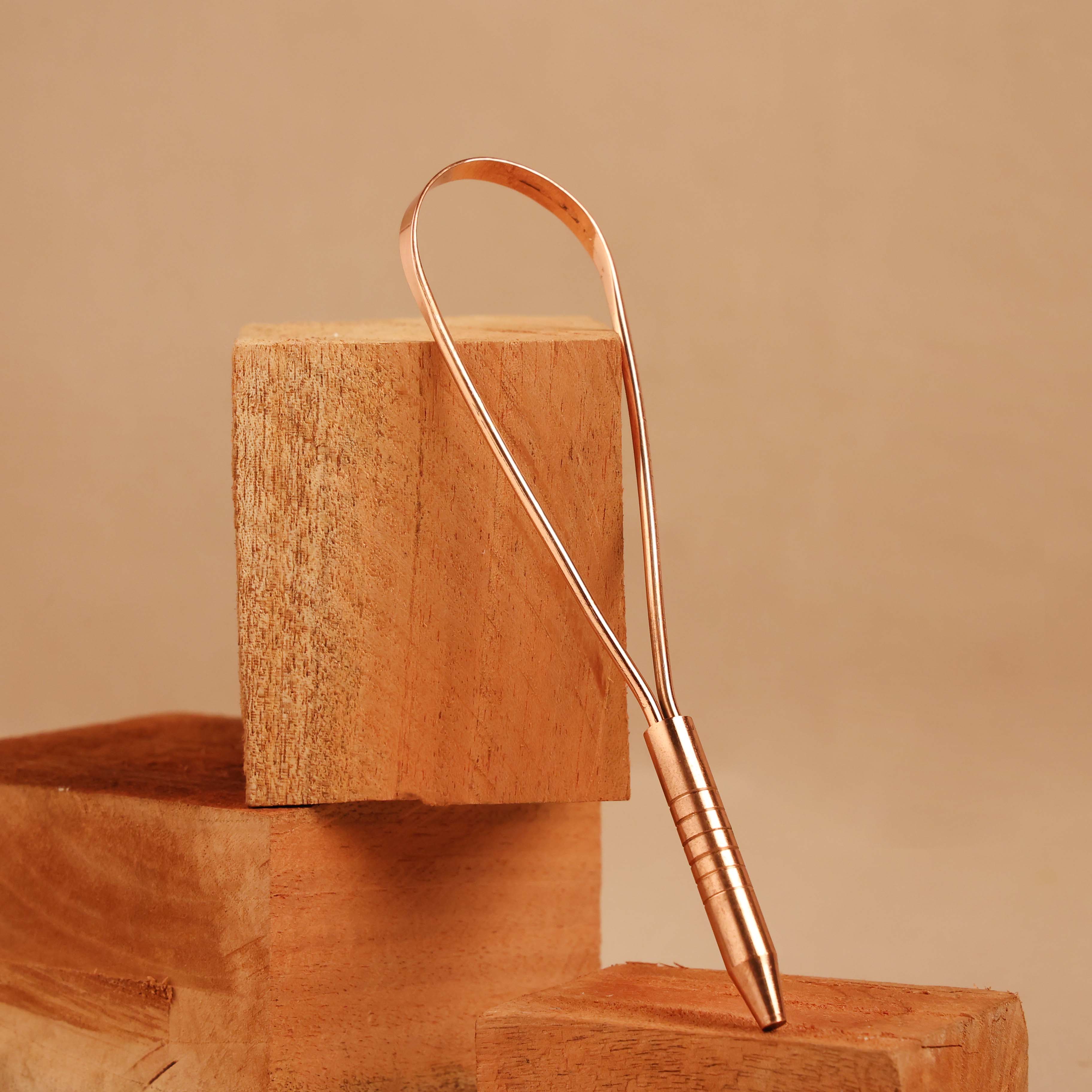 Art of Vedas Ayurvedic Copper Tongue Scraper on wooden blocks - pure copper oral hygiene tool for Ayurvedic daily cleansing routine