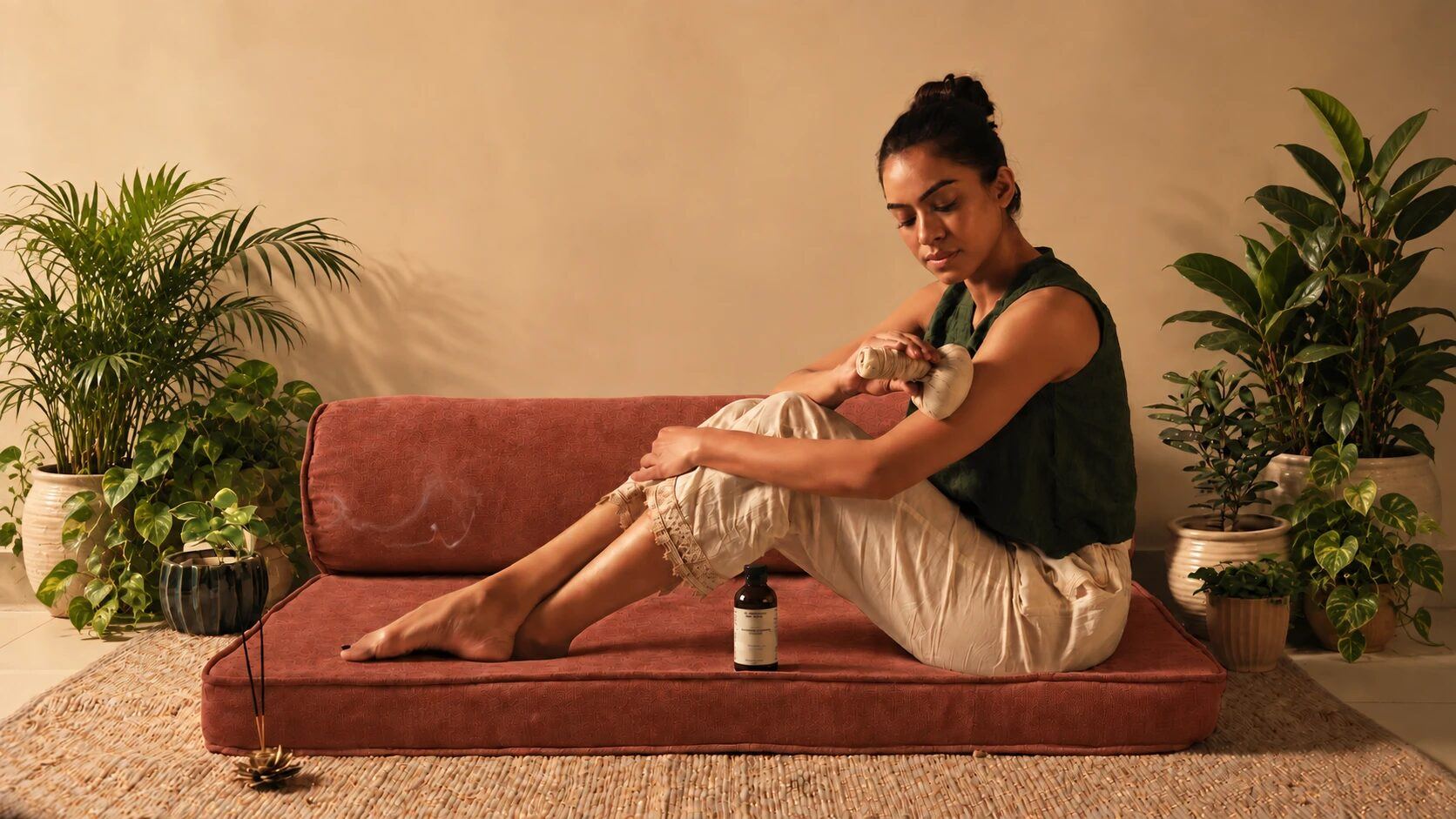 Kvinde i en sofa mellem potteplanter masserer sin arm med en urtepose og ayurvedisk olie, Art of Vedas.