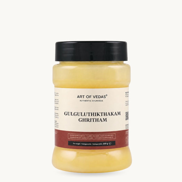 Art of Vedas Gulgulu Thikthakam Ghritham, klassisk ayurvedisk ghee: Guggulu, gurkemeje, ingefær. Glas à 150 g