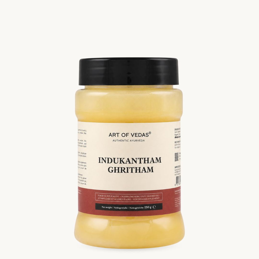 Art of Vedas Indukantham Ghritham, klassisk ayurvedisk ghee: ingefær, lang peber, stensalt. Glas à 150 g