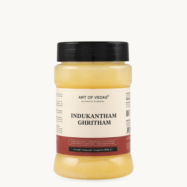 Art of Vedas Indukantham Ghritham, klassisk ayurvedisk ghee: ingefær, lang peber, stensalt. Glas à 150 g