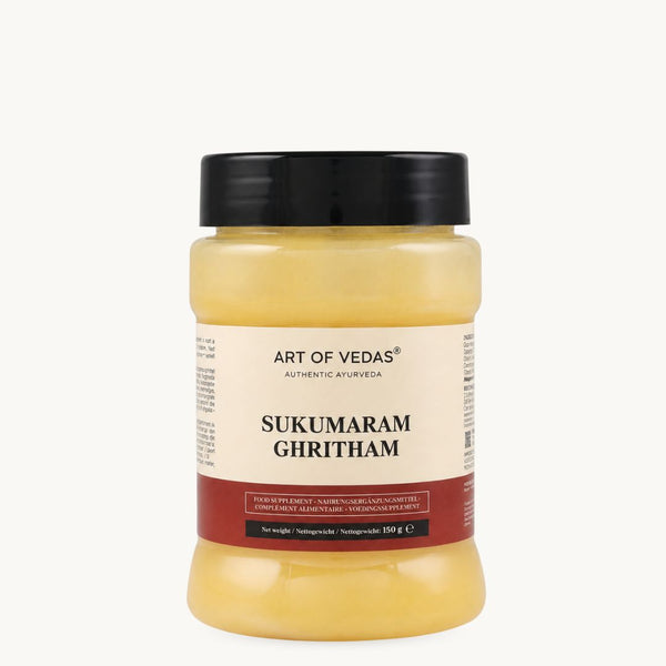 Art of Vedas Sukumaram Ghritham, klassisk ayurvedisk ghee: Ashwagandha, Shatavari, lakrids. Glas à 150 g